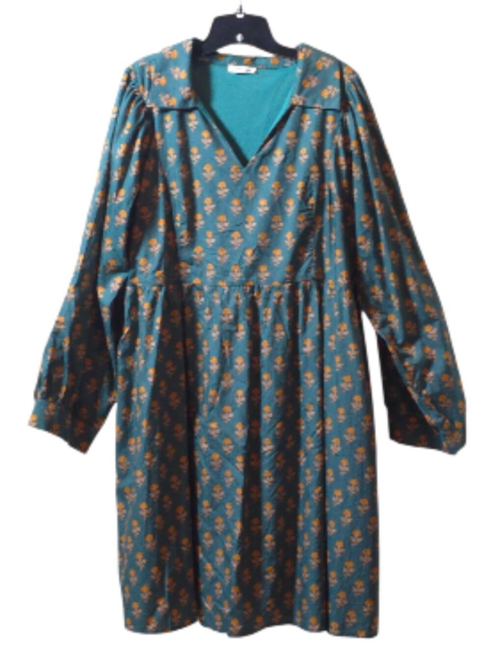 ChicSoul 1X Floral Cotton Babydoll Dress Teal Boho Lined Long Sleeve Plus Size